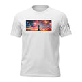 Big Daddy Allen Productions white cotton t-shirt with Statue of Liberty, American flag, and fireworks graphic.