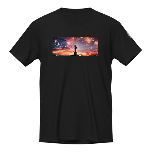 Big Daddy Allen Productions black cotton t-shirt with Statue of Liberty, American flag, and fireworks graphic.