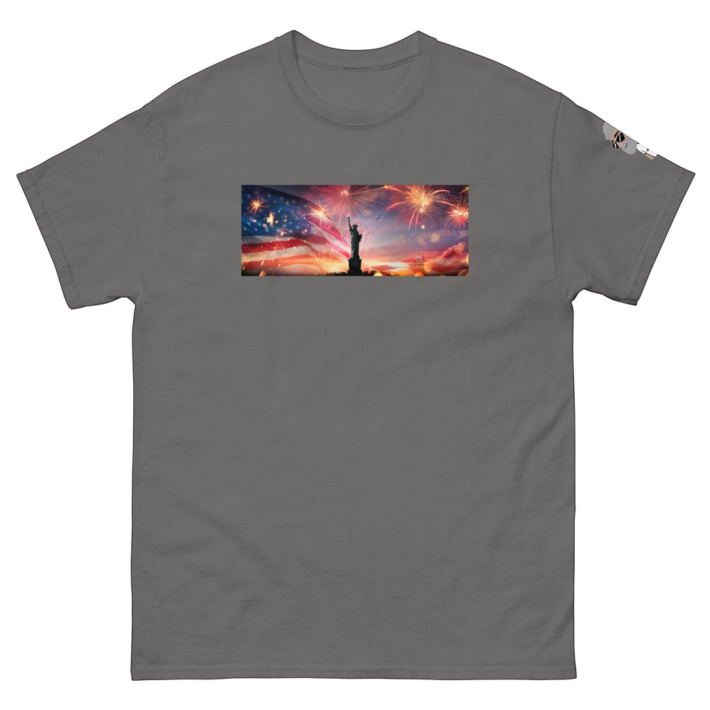 Big Daddy Allen Productions 4th of July t-shirt with Statue of Liberty, American flag, and fireworks graphic. Cotton.