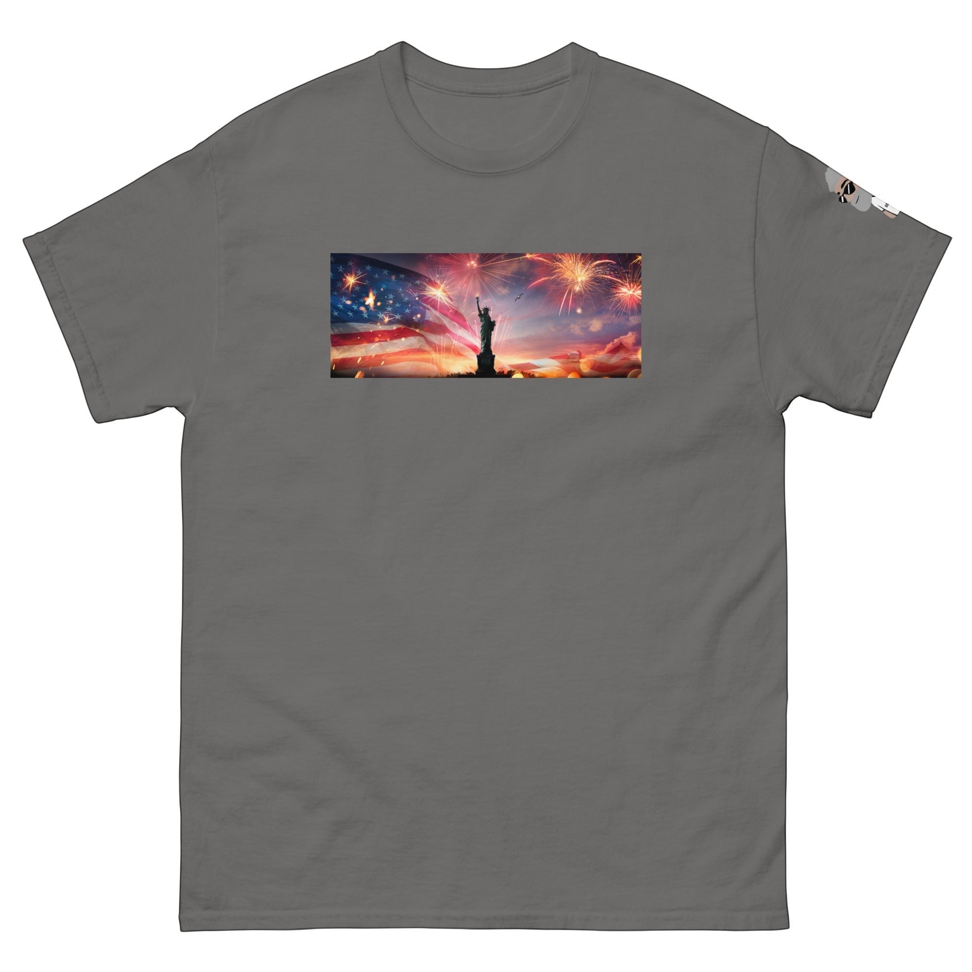 Big Daddy Allen Productions 4th of July t-shirt with Statue of Liberty, American flag, and fireworks graphic. Cotton.
