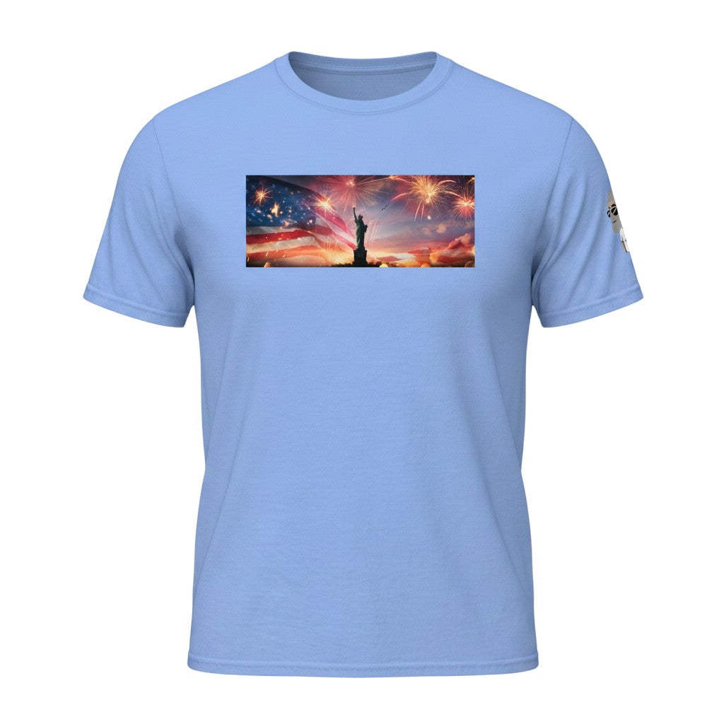 Big Daddy Allen Productions light blue cotton t-shirt with Statue of Liberty, American flag, and fireworks graphic.