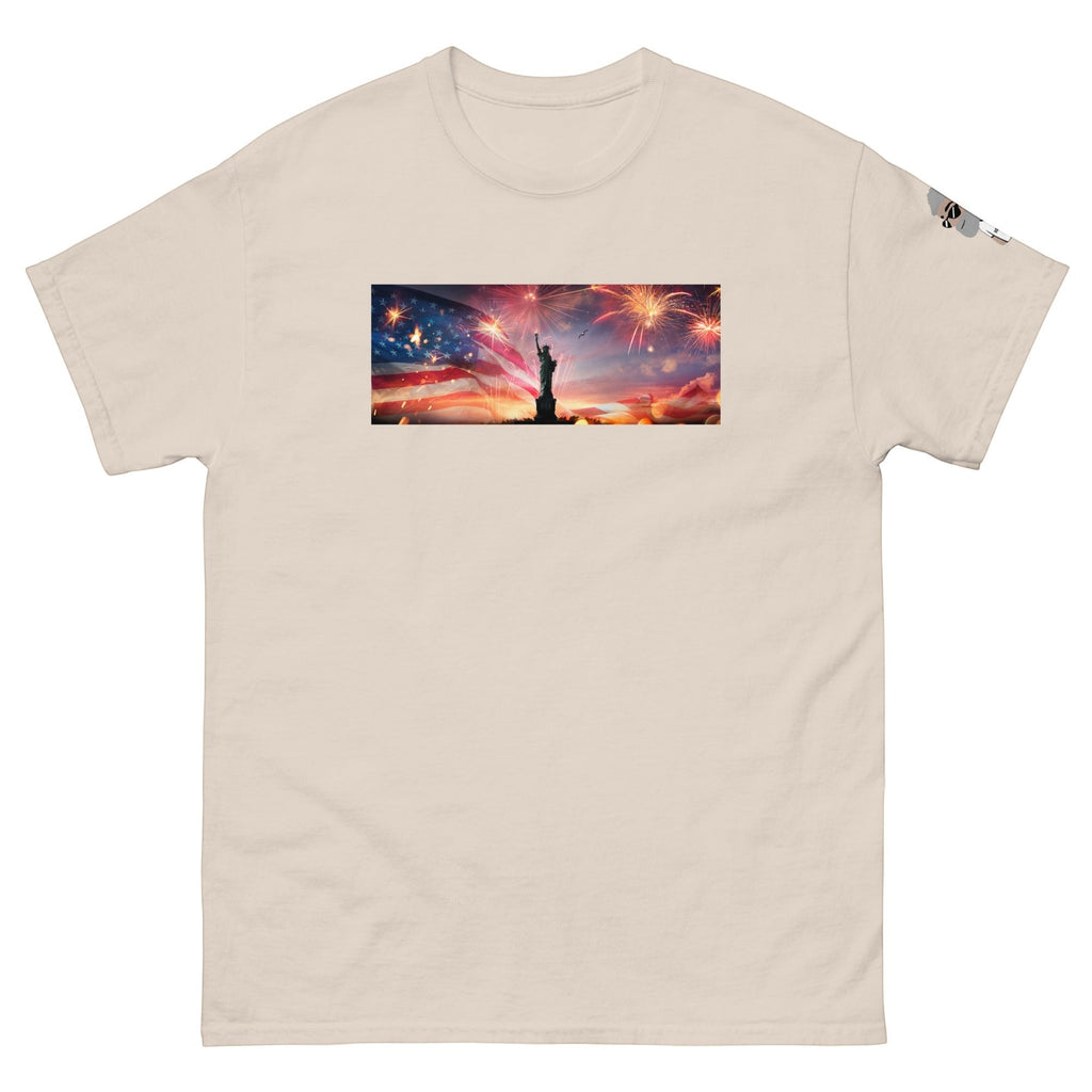Big Daddy Allen Productions 4th of July graphic t-shirt with Statue of Liberty, American flag, and fireworks. Cotton.