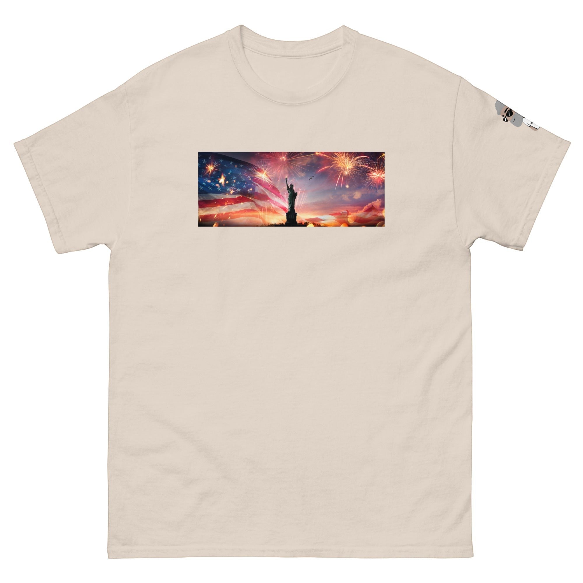 Big Daddy Allen Productions 4th of July graphic t-shirt with Statue of Liberty, American flag, and fireworks. Cotton.