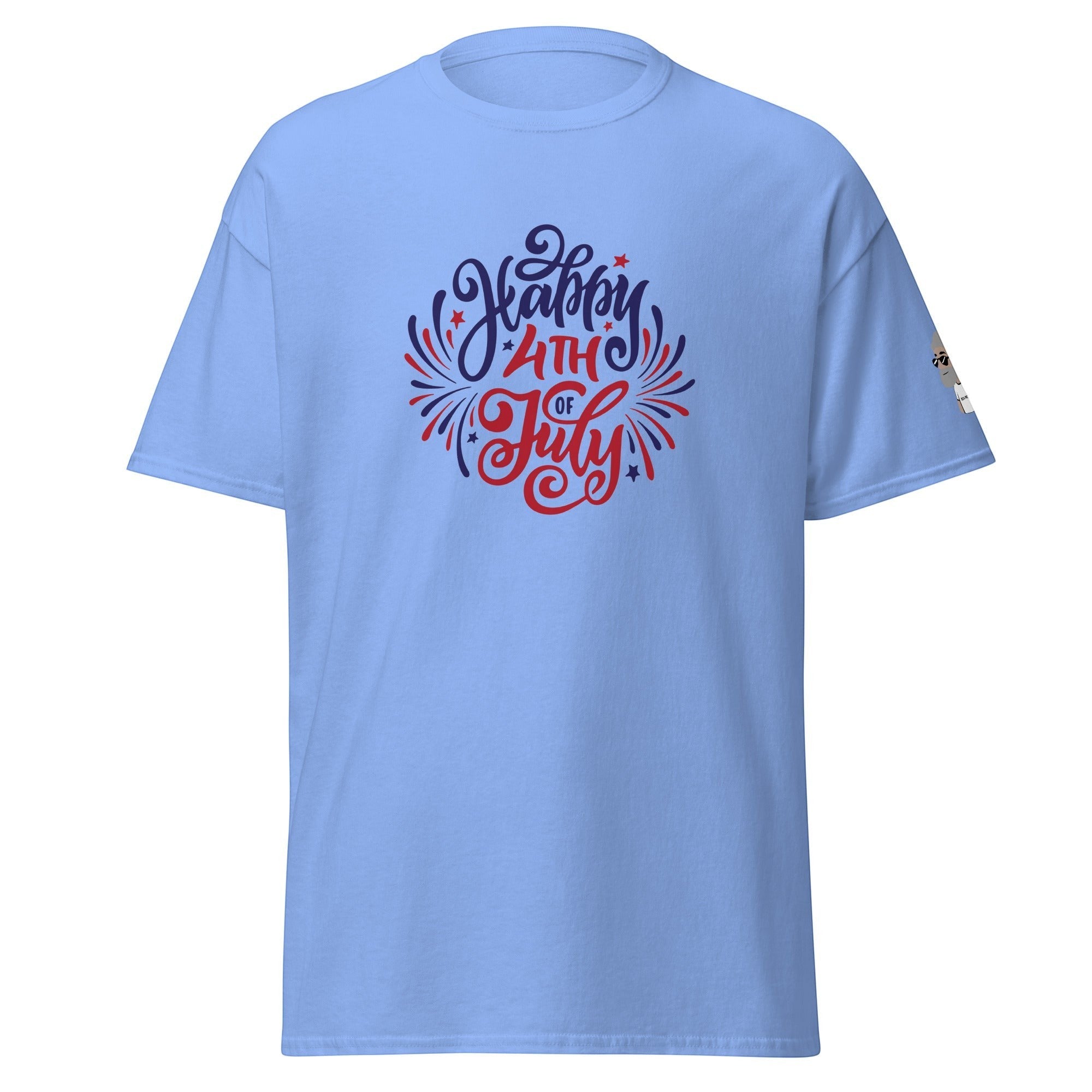 Big Daddy Allen Productions sky blue t-shirt with a circular red, white, and blue "Happy 4th of July" graphic and fireworks.