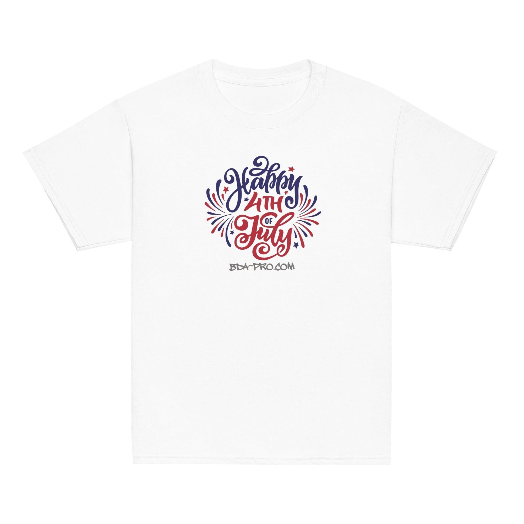 Big Daddy Allen Productions white cotton t-shirt with red and blue "Happy 4th of July" graphic and fireworks.