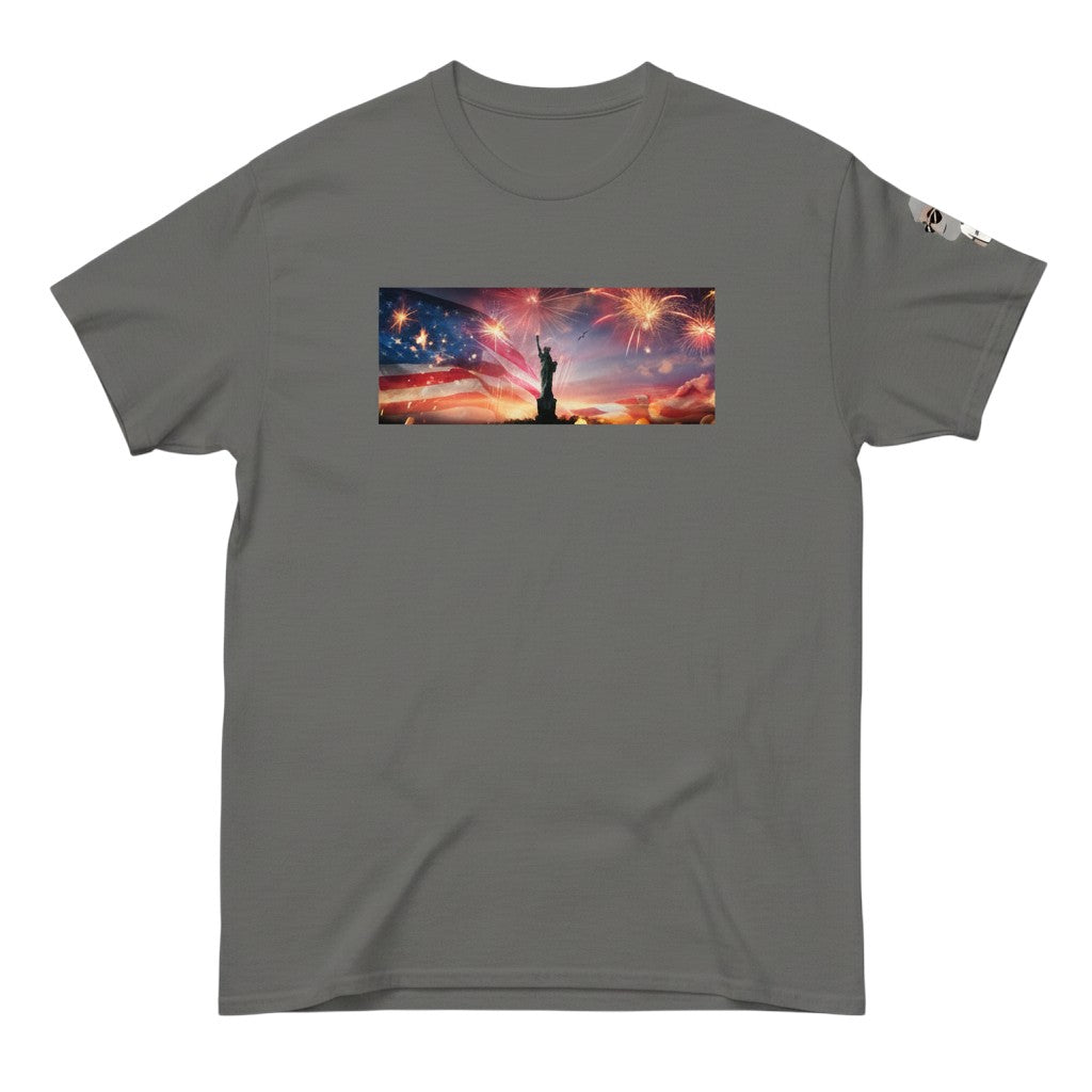 Big Daddy Allen Productions grey cotton t-shirt with Statue of Liberty, American flag, and fireworks graphic.