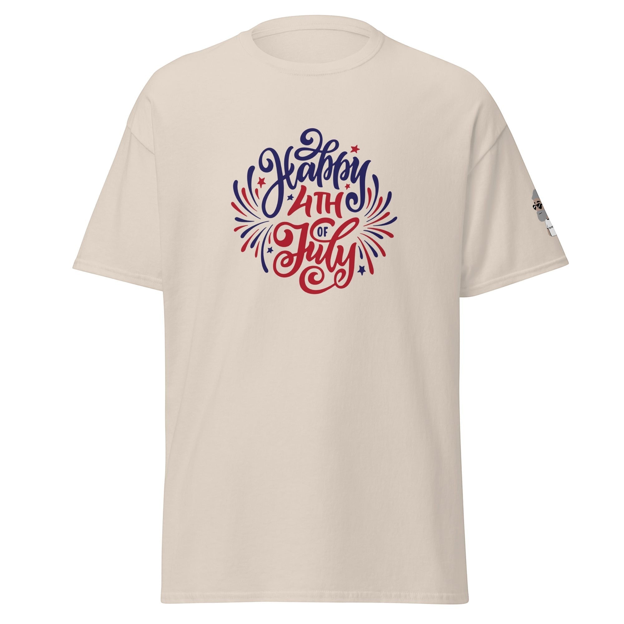 Big Daddy Allen Productions cream t-shirt with red, white, and blue "Happy 4th of July" circular graphic and stars.