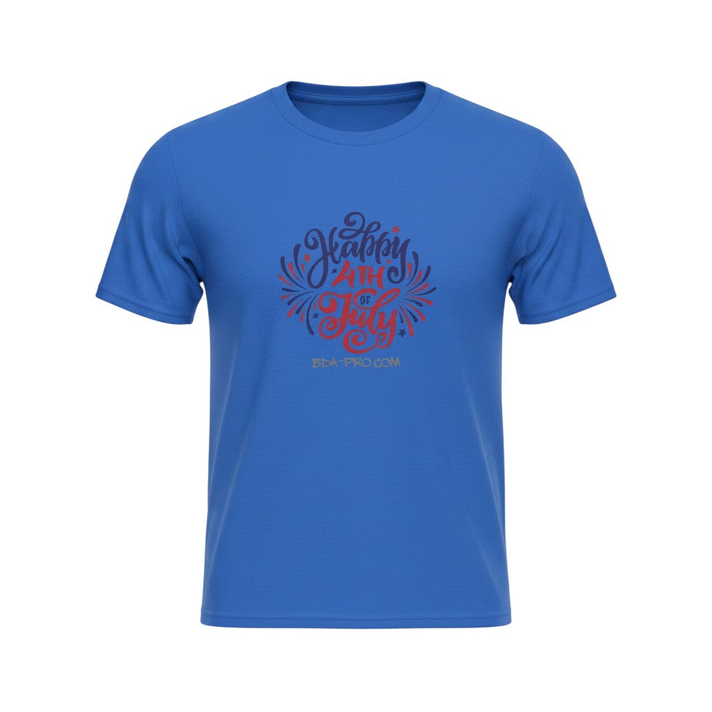 Big Daddy Allen Productions blue cotton t-shirt with red, white, and blue 'Happy 4th of July' graphic and fireworks.