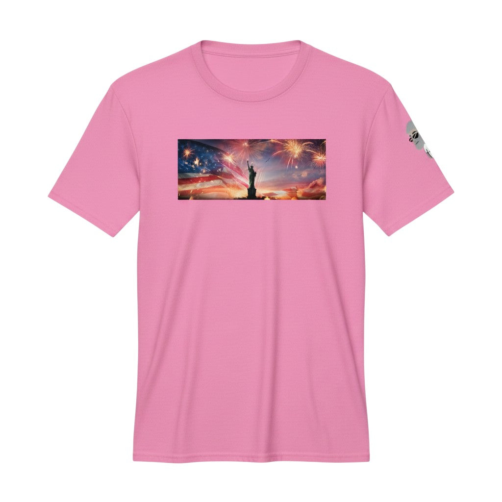 Big Daddy Allen Productions pink cotton t-shirt with Statue of Liberty, American flag, and fireworks graphic.