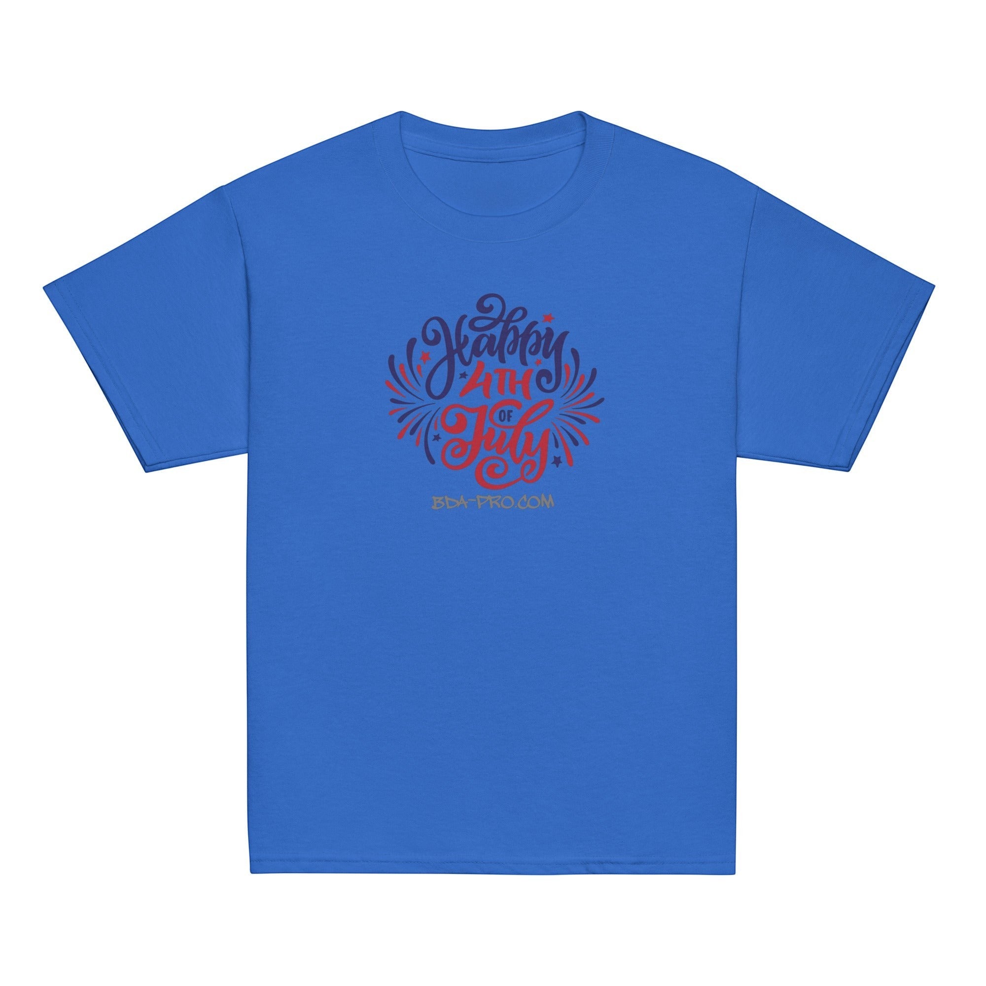 Big Daddy Allen Productions blue cotton t-shirt with red, white, and blue "Happy 4th of July" graphic and fireworks.