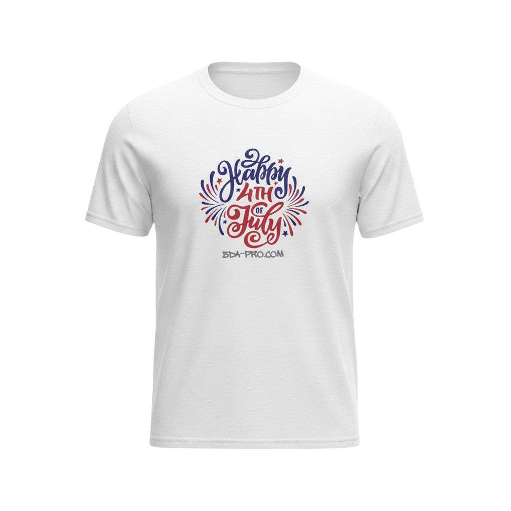 Big Daddy Allen Productions white cotton t-shirt with red and blue "Happy 4th of July" graphic and fireworks.