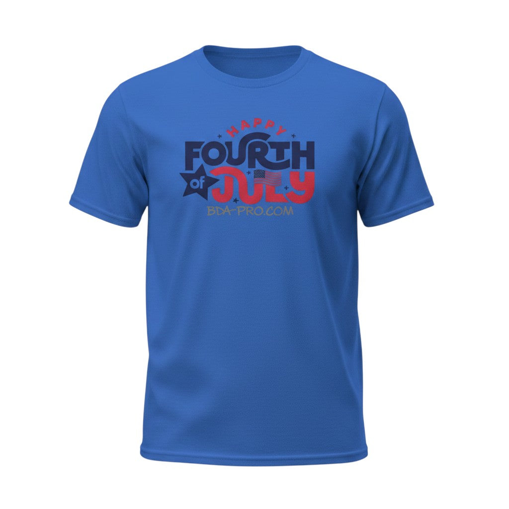 Big Daddy Allen Productions blue 100% cotton kid's t-shirt with "Happy 4th of July" graphic and "BDA-PRO.COM" text.