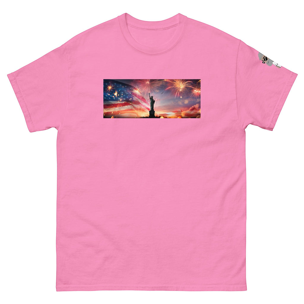 Big Daddy Allen Productions pink cotton t-shirt with Statue of Liberty, American flag, and fireworks graphic
