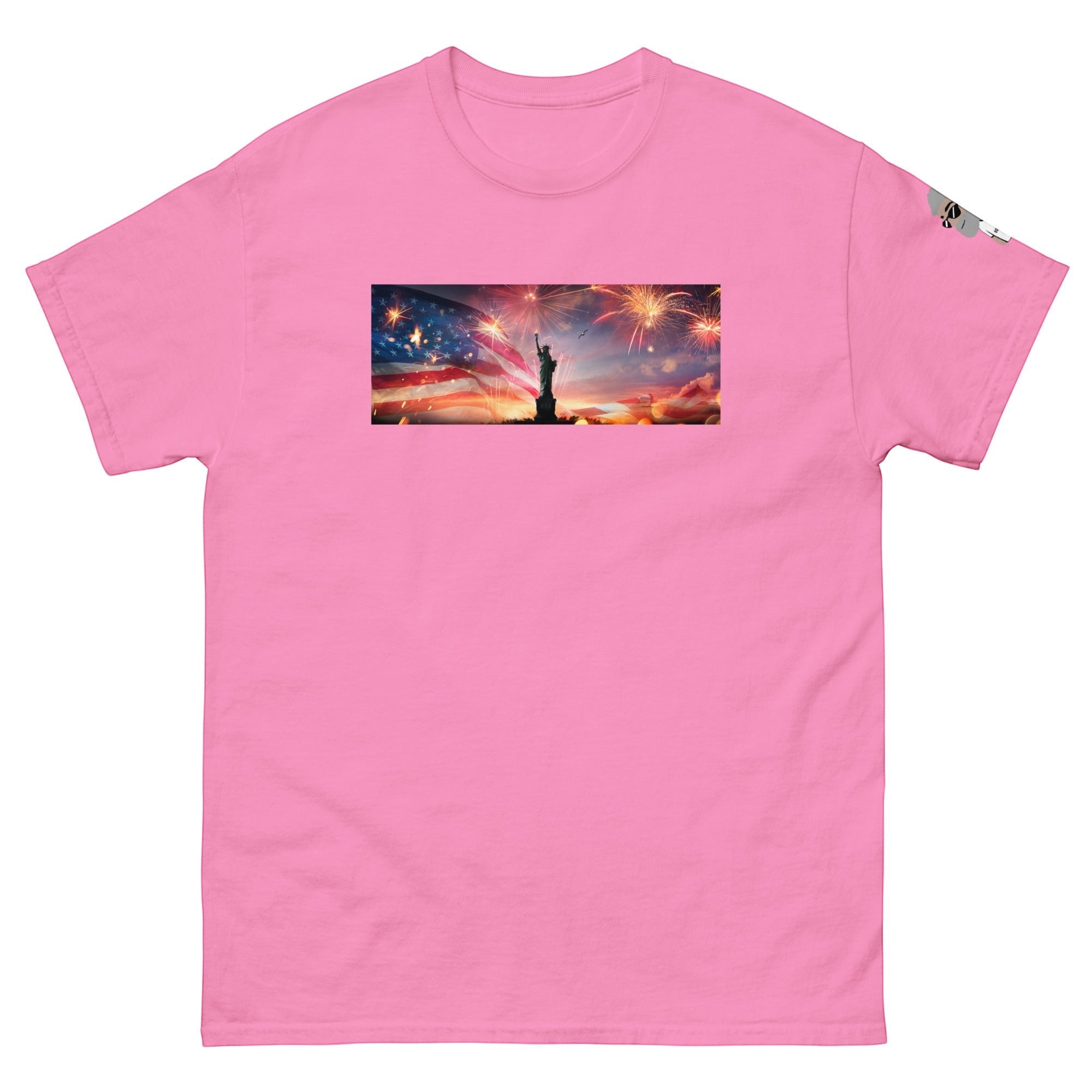 Big Daddy Allen Productions pink cotton t-shirt with Statue of Liberty, American flag, and fireworks graphic