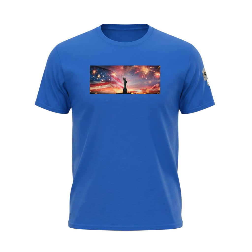 Big Daddy Allen Productions royal blue cotton t-shirt with Statue of Liberty, American flag, and fireworks graphic.