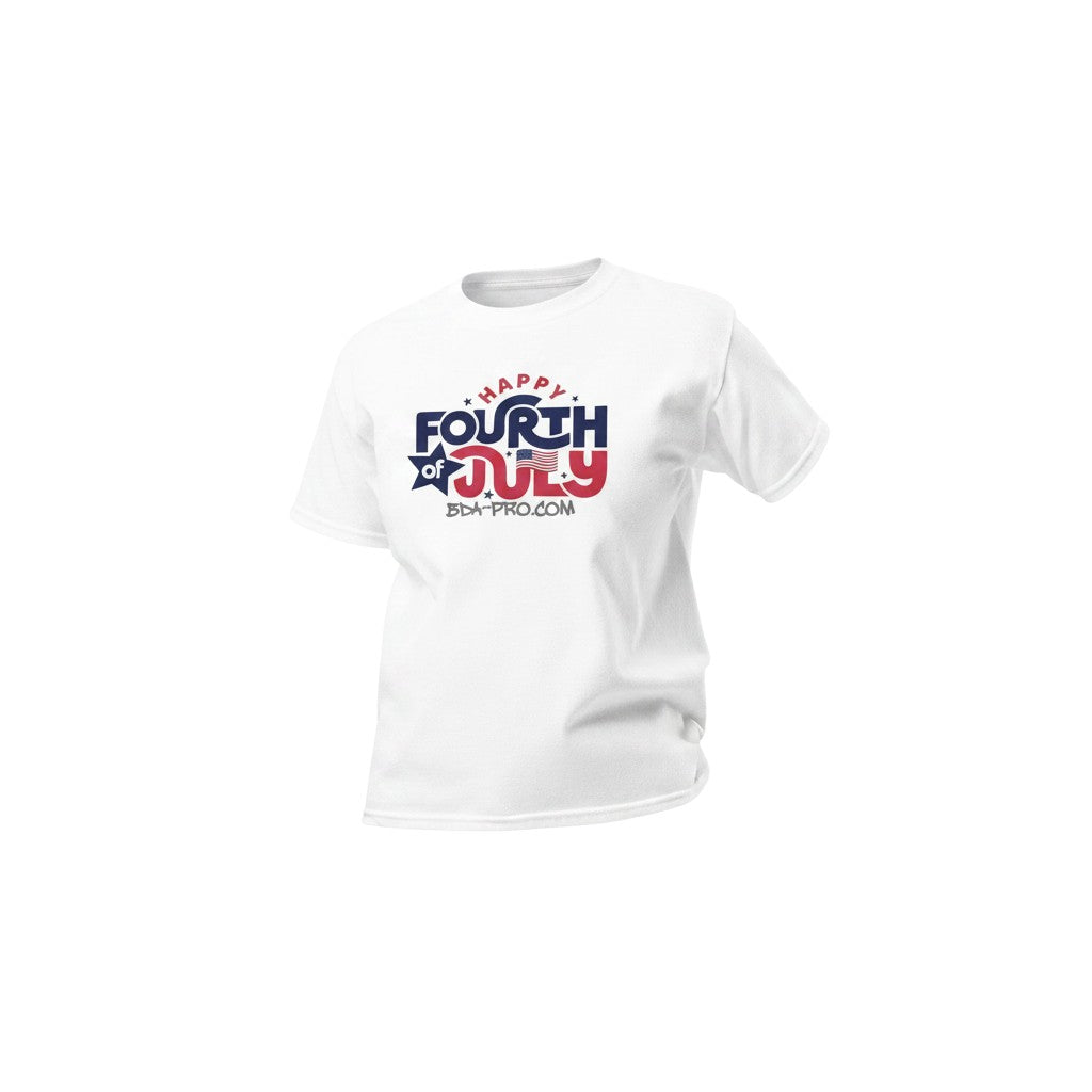 Big Daddy Allen Productions white 100% cotton kid's t-shirt with "Happy Fourth of July" graphic and "BDA-PRO.COM" text.