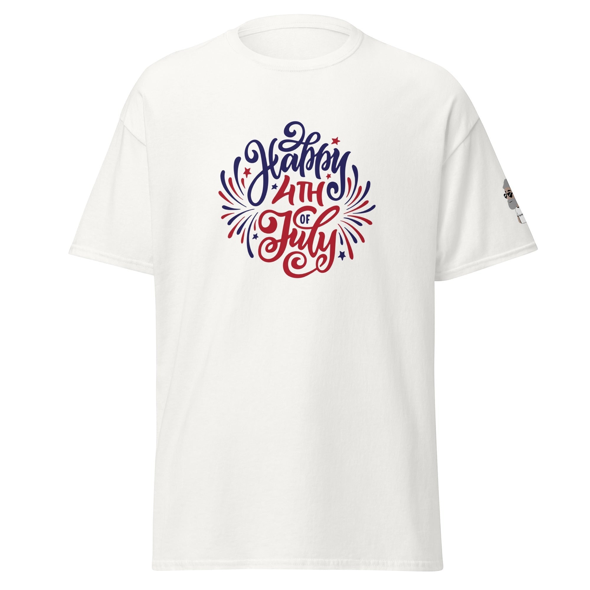 Big Daddy Allen Productions white t-shirt with a circular red, white, and blue 'Happy 4th of July' graphic featuring stars and fireworks.