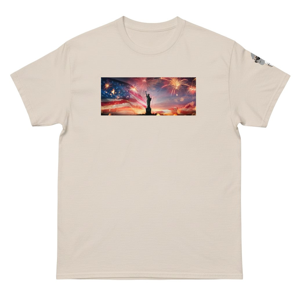 Big Daddy Allen Productions 4th of July graphic t-shirt with Statue of Liberty, American flag, and fireworks. Cotton.