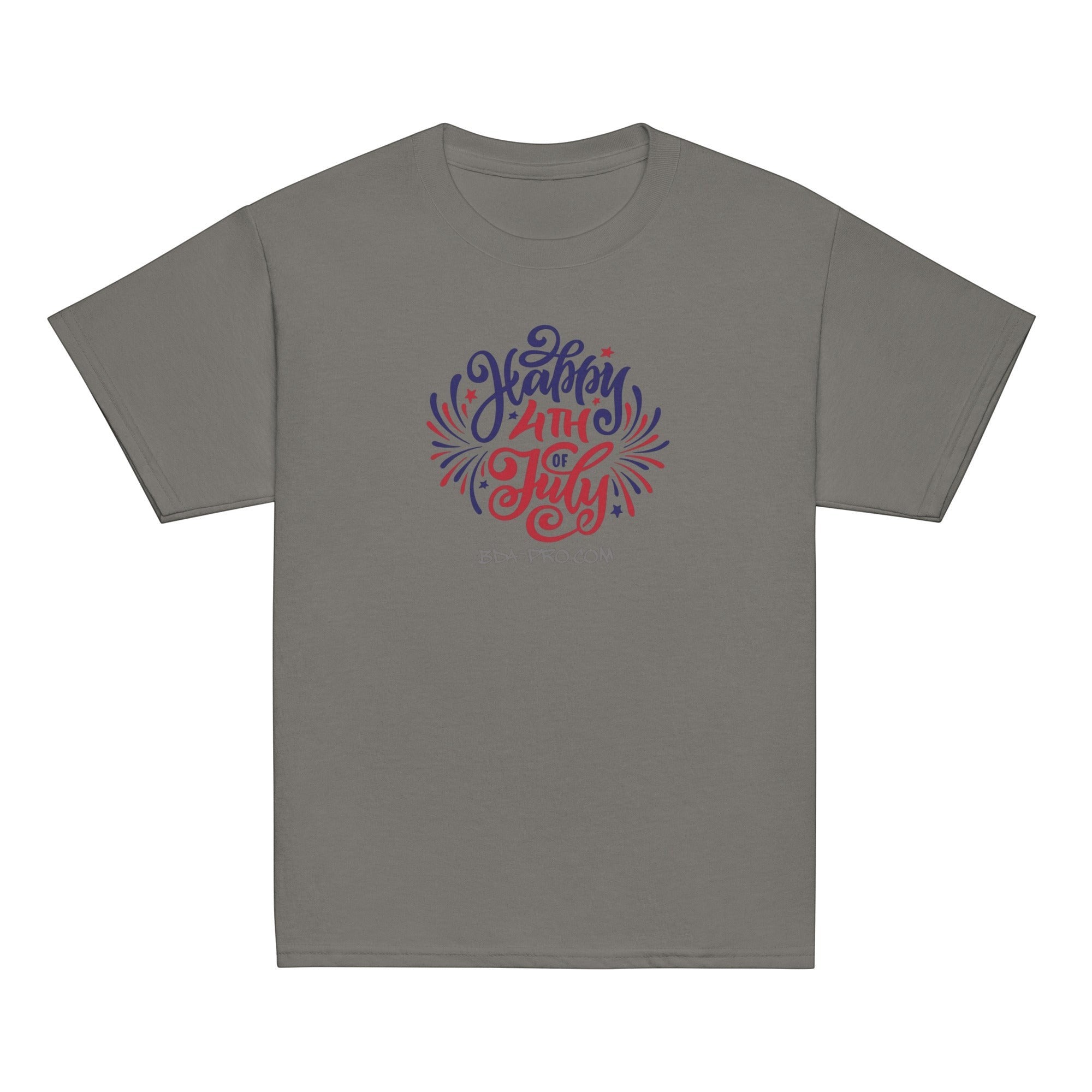 Big Daddy Allen Productions kids' grey cotton t-shirt with a red, white, and blue 'Happy 4th of July' graphic and fireworks.