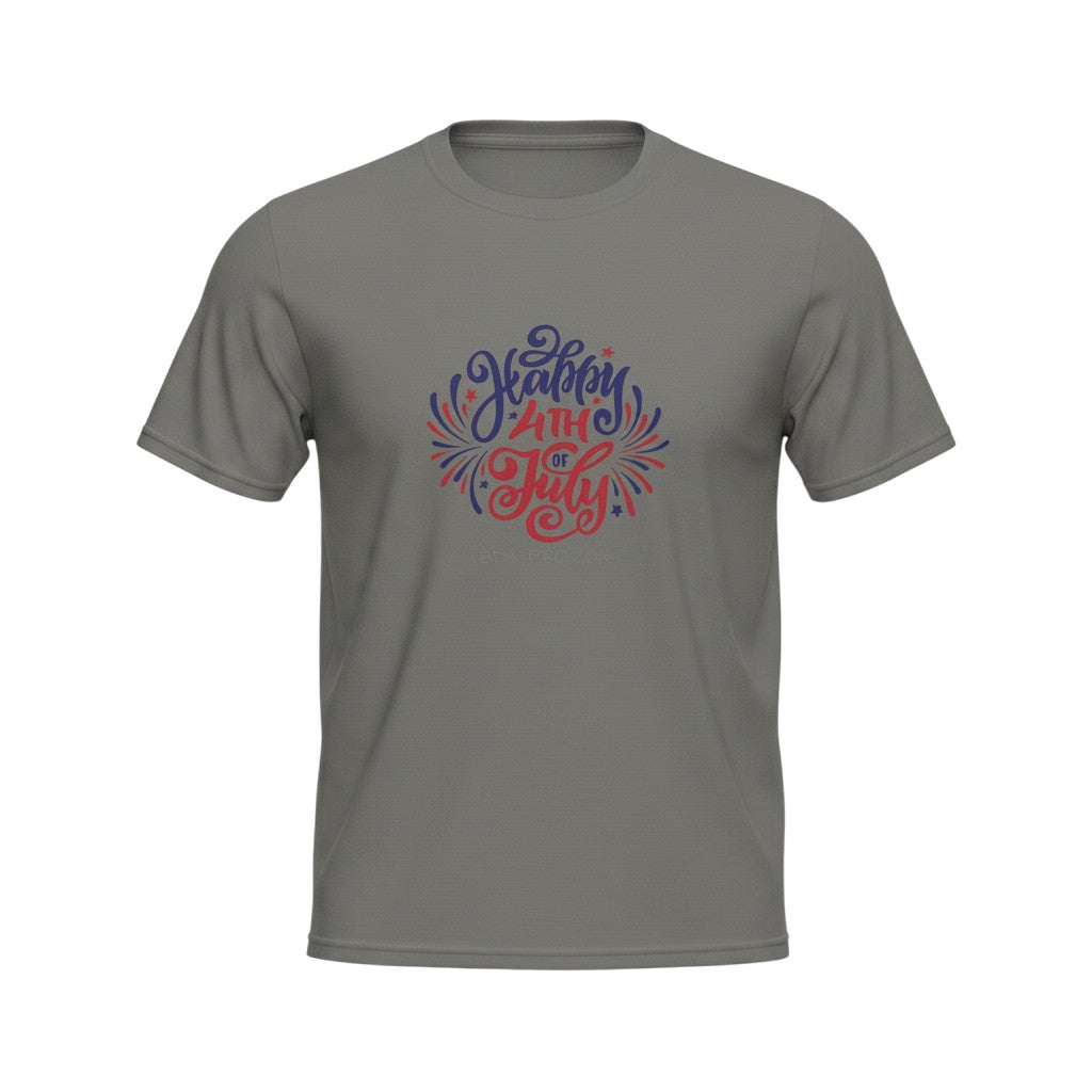 Big Daddy Allen Productions kids' grey cotton t-shirt with 'Happy 4th of July' graphic in red, white, and blue.