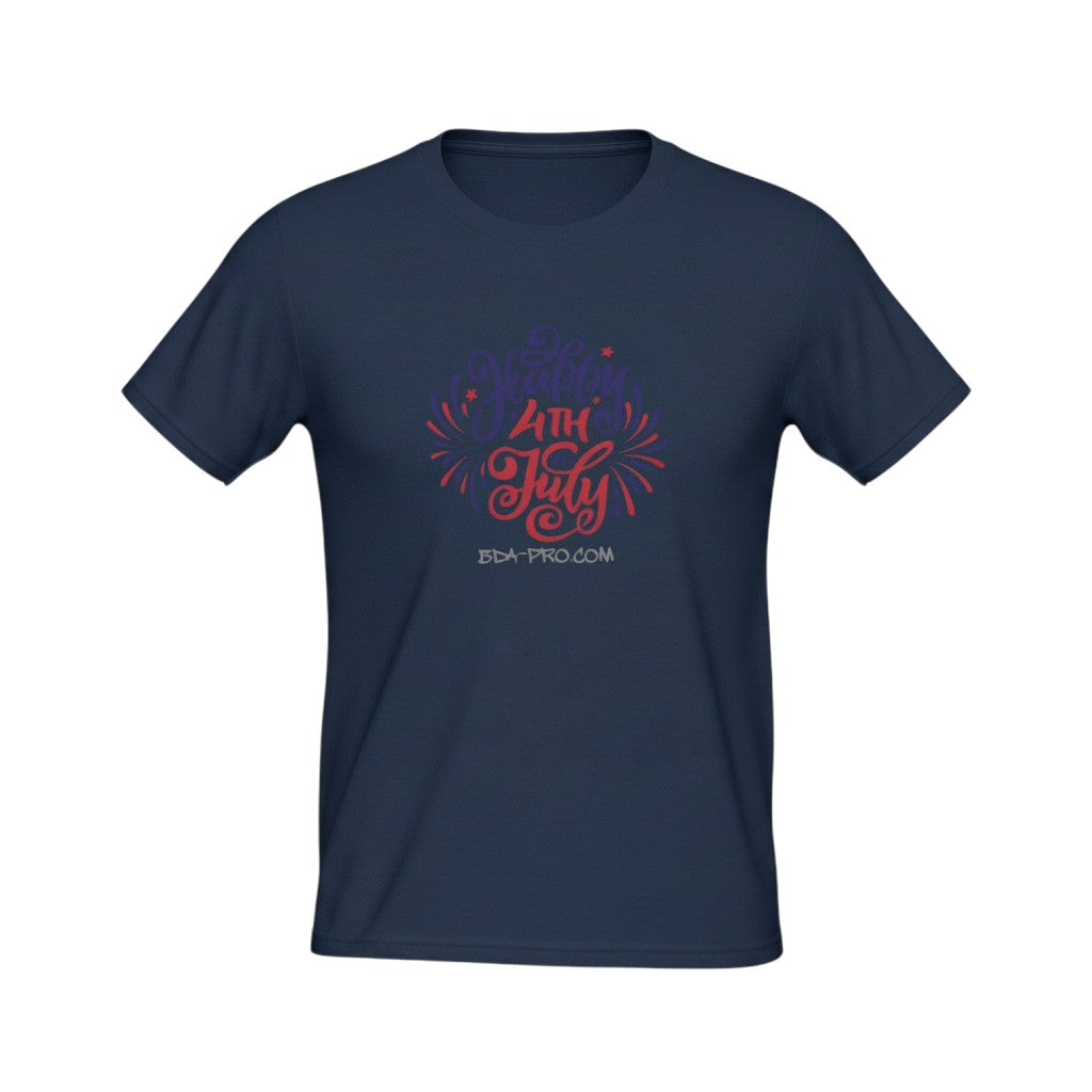 Big Daddy Allen Productions navy blue cotton t-shirt with red, white, and blue Happy 4th of July graphic.