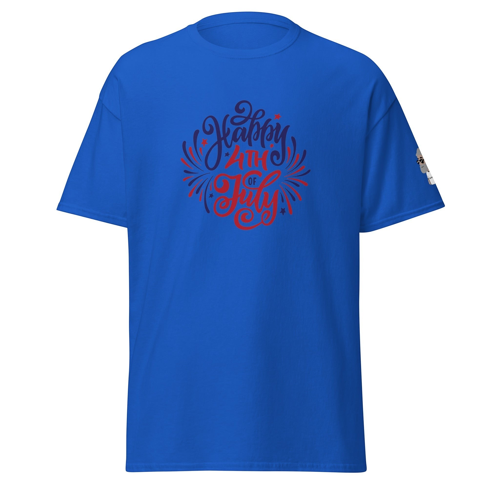 Big Daddy Allen Productions royal blue t-shirt with a circular red and blue "Happy 4th of July" graphic and fireworks.