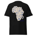 Big Daddy Allen Productions black cotton t-shirt featuring a blue blueprint graphic of Africa with scientific symbols.