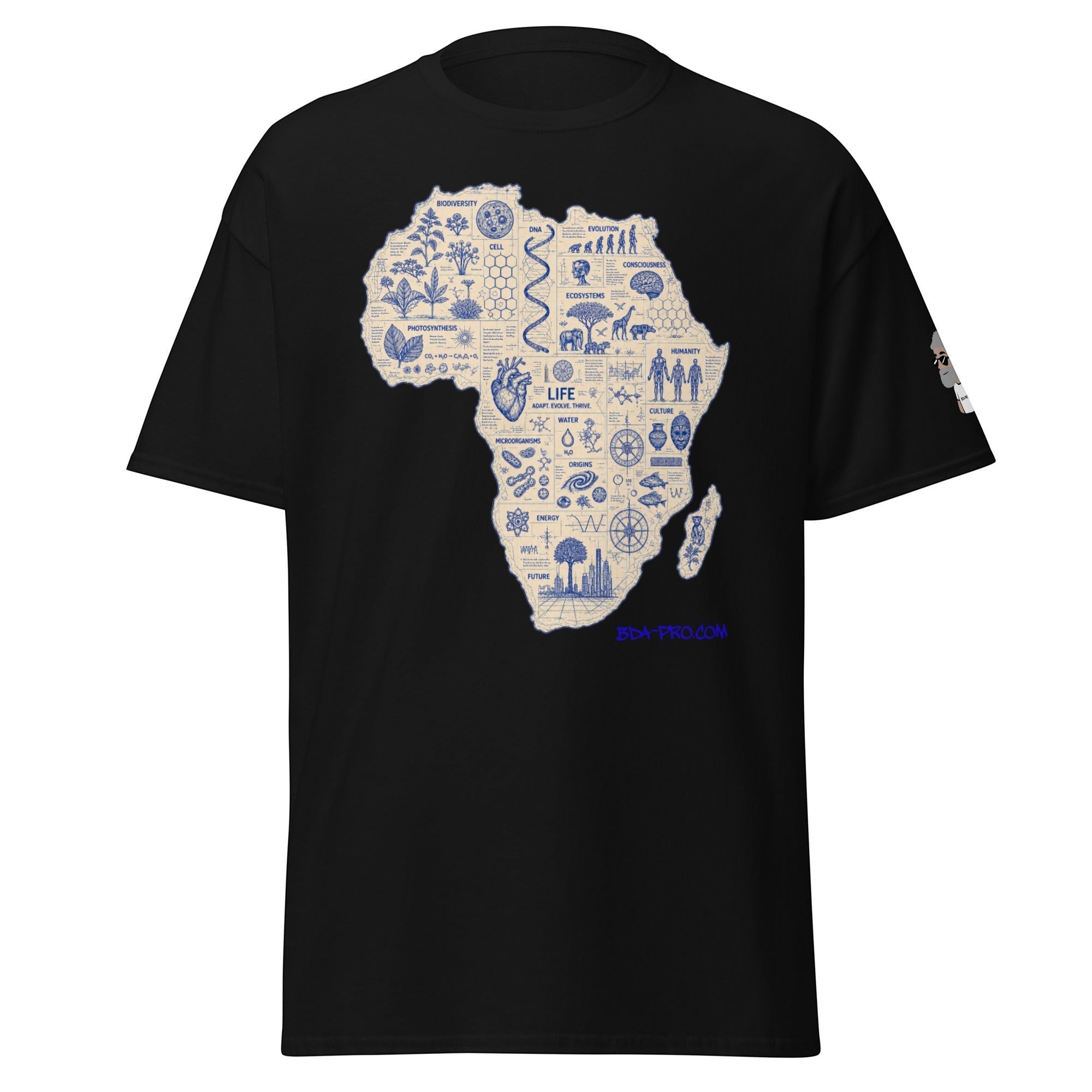 Big Daddy Allen Productions black cotton t-shirt featuring a blue blueprint graphic of Africa with scientific symbols.