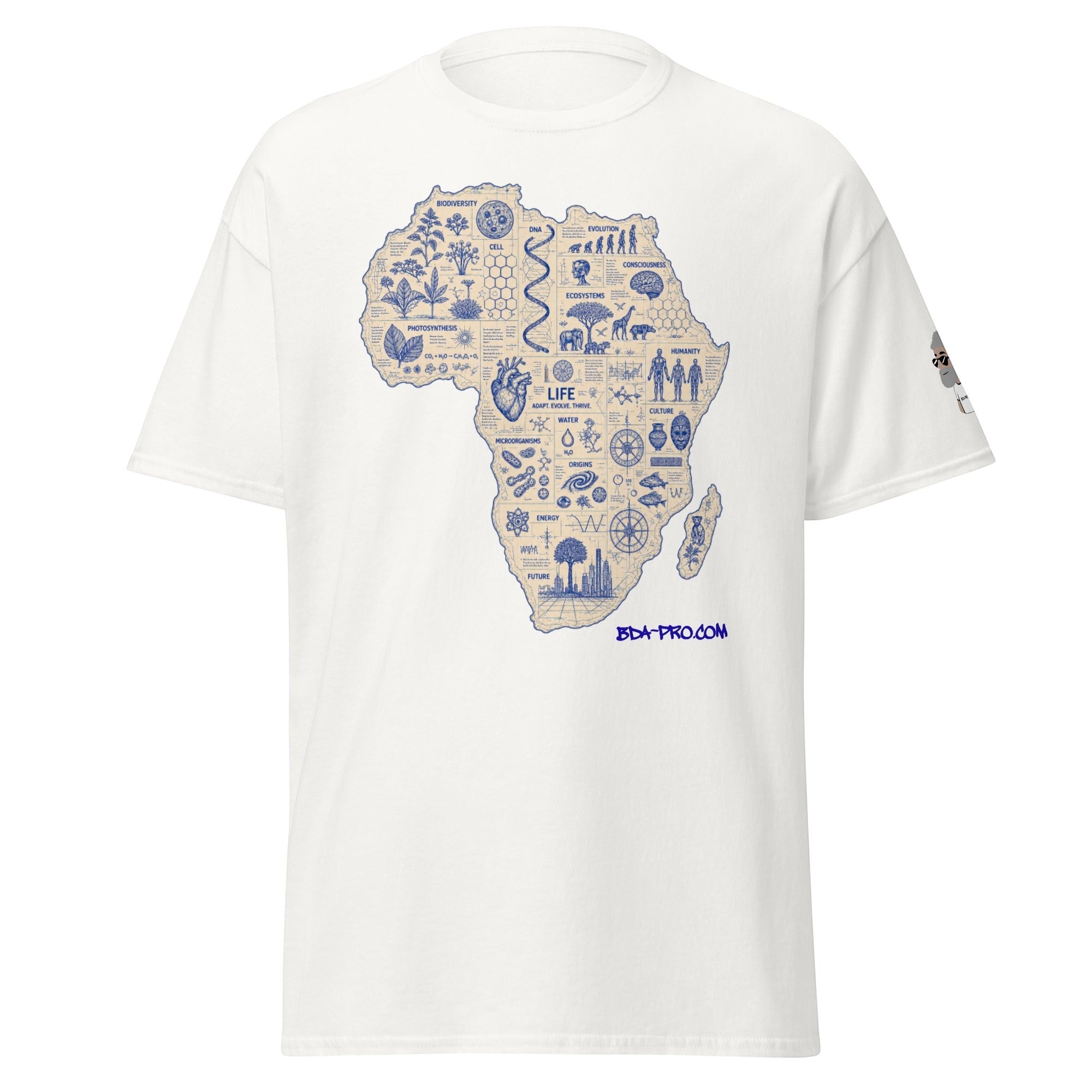 Big Daddy Allen Productions white cotton t-shirt featuring a blue blueprint graphic of the African continent with symbols.
