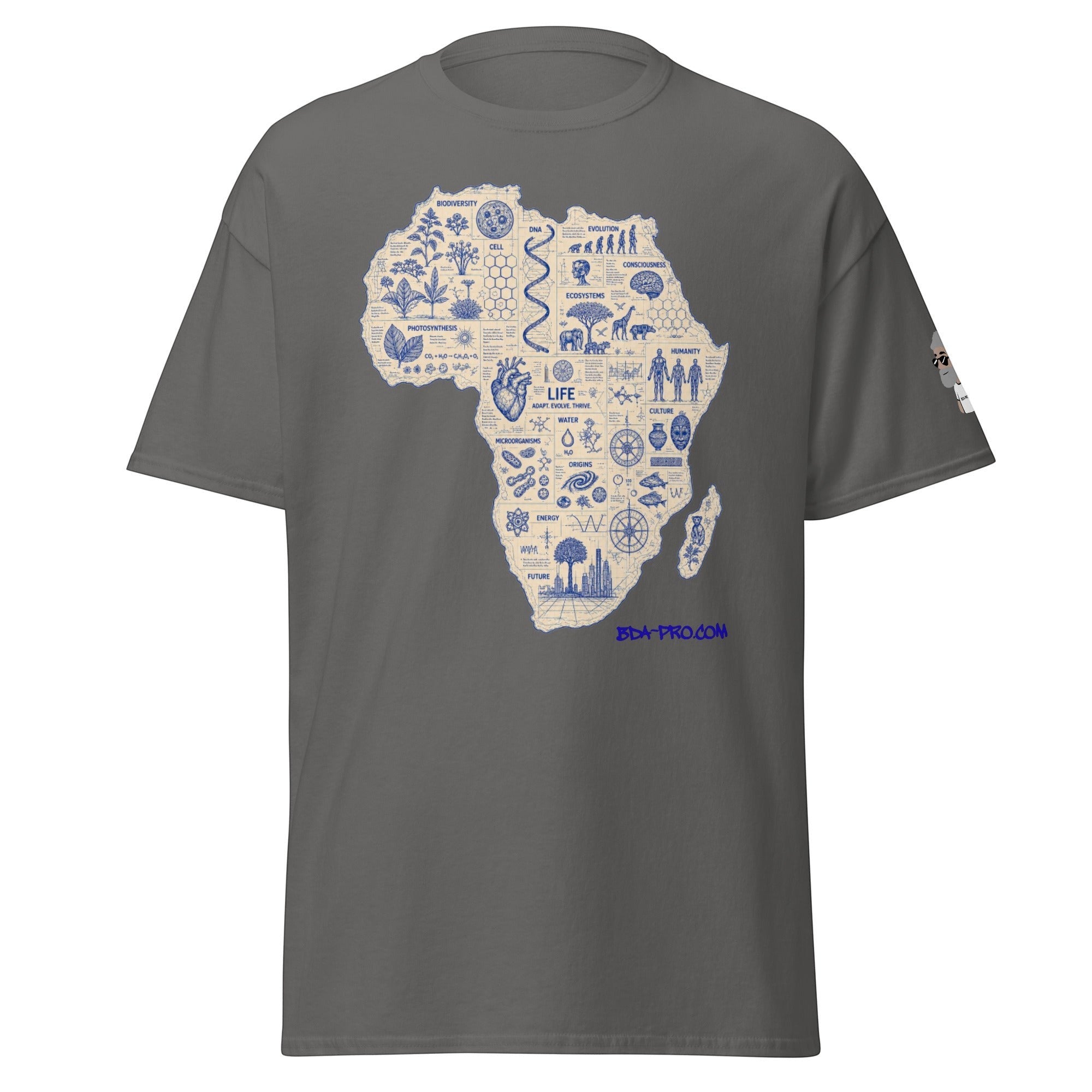Big Daddy Allen Productions grey cotton t-shirt featuring a blue blueprint graphic of the African continent.