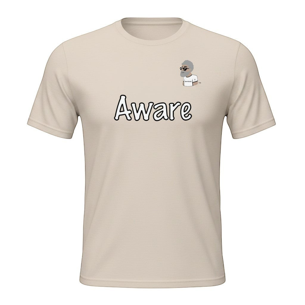 Big Daddy Allen Productions Aware Graphic T-Shirt in beige, featuring a bold "Aware" graphic and BDA logo on soft cotton.