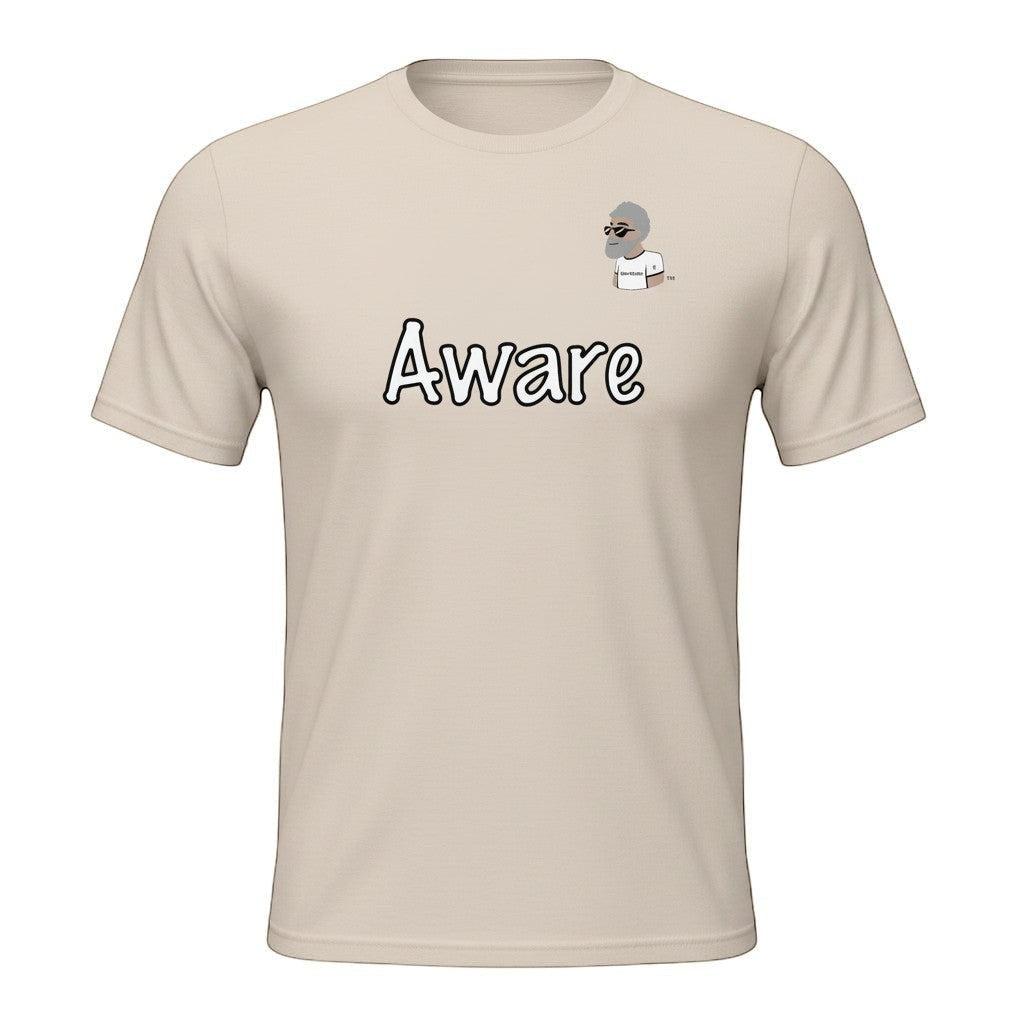 Big Daddy Allen Productions Aware Graphic T-Shirt in beige, featuring a bold "Aware" graphic and BDA logo on soft cotton.