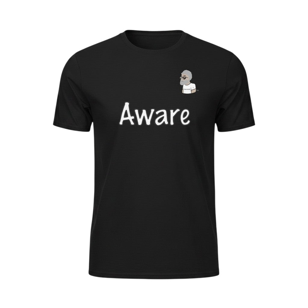 Big Daddy Allen Productions black cotton t-shirt with white "Aware" graphic and BDA logo on chest.