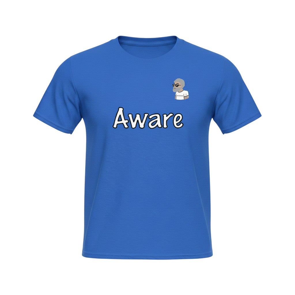 Big Daddy Allen Productions blue cotton t-shirt with "Aware" graphic and BDA logo. Soft and breathable for everyday wear.