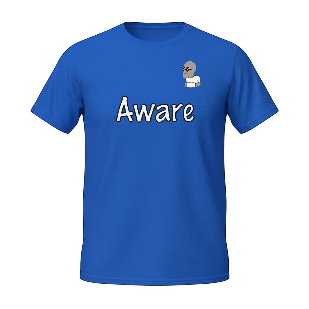 Big Daddy Allen Productions blue cotton t-shirt with "Aware" graphic and BDA logo. Relaxed fit, crew neck.