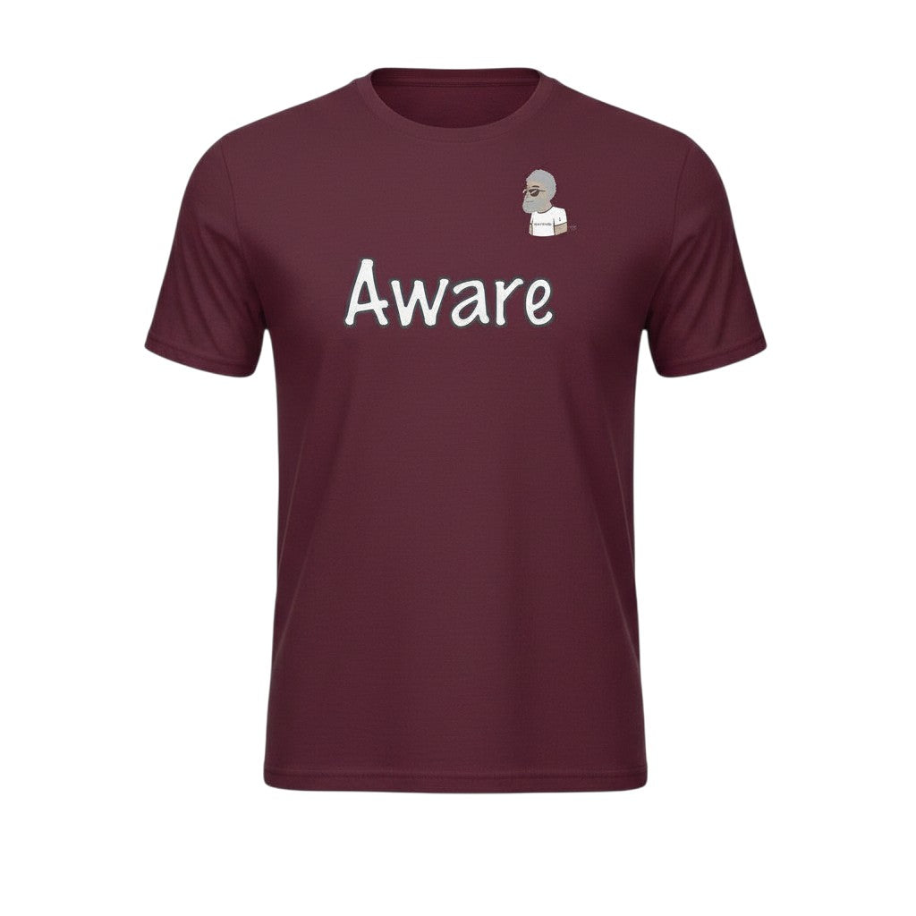 Big Daddy Allen Productions maroon cotton t-shirt with "Aware" graphic and BDA logo on chest. Relaxed fit.