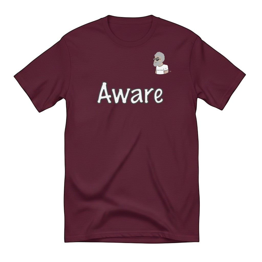 Big Daddy Allen Productions maroon cotton t-shirt with "Aware" graphic and BDA logo on chest. Relaxed fit.
