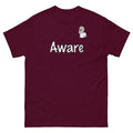 Big Daddy Allen Productions maroon cotton t-shirt with "Aware" graphic and BDA logo. Relaxed fit.