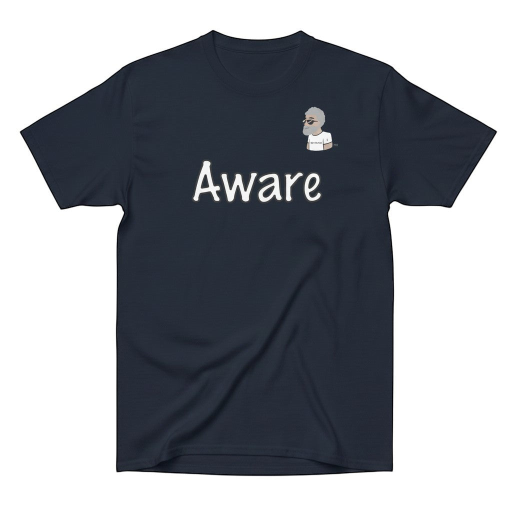 Big Daddy Allen Productions navy blue cotton t-shirt with white "Aware" graphic and BDA logo.