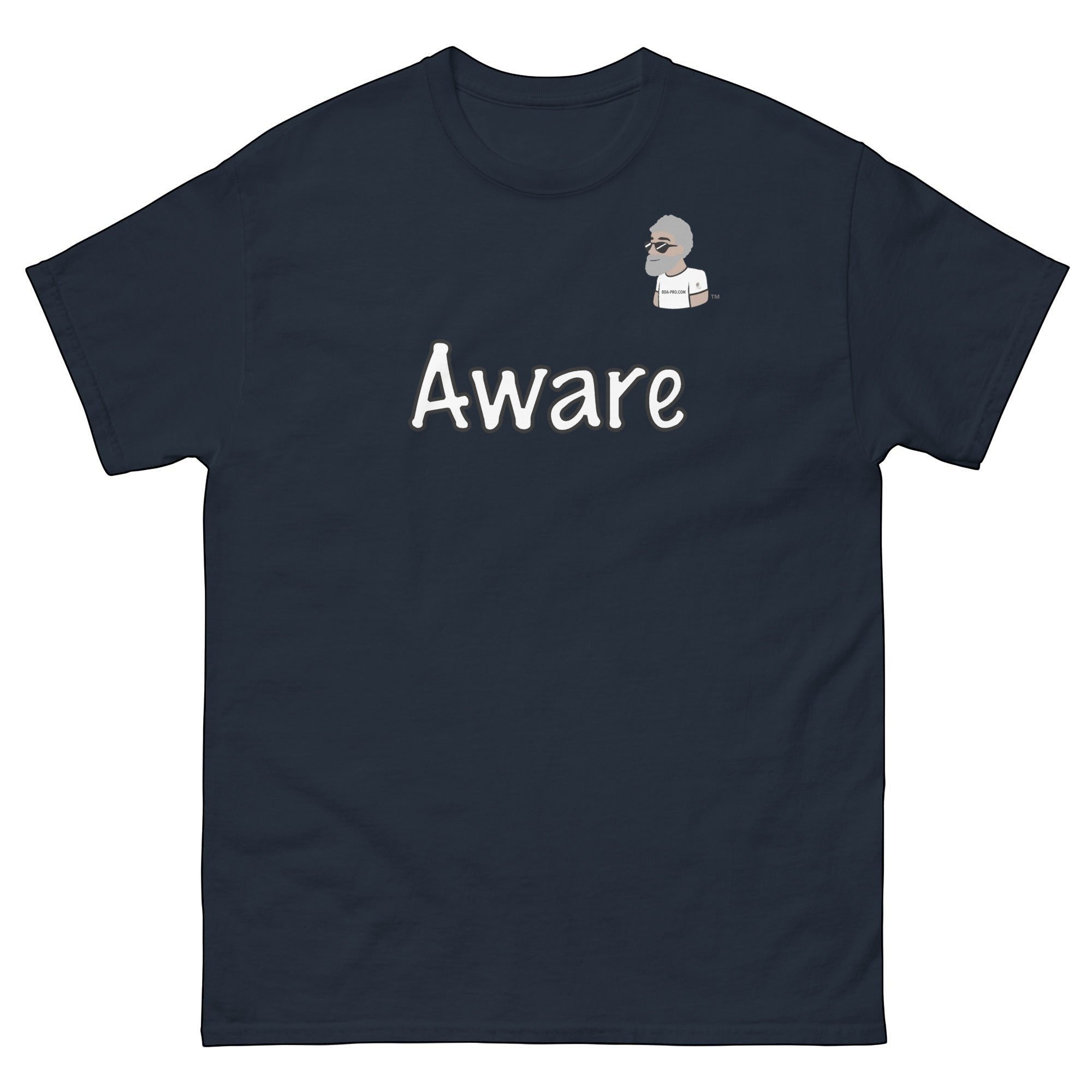 Big Daddy Allen Productions navy blue cotton t-shirt with "Aware" graphic and BDA logo.