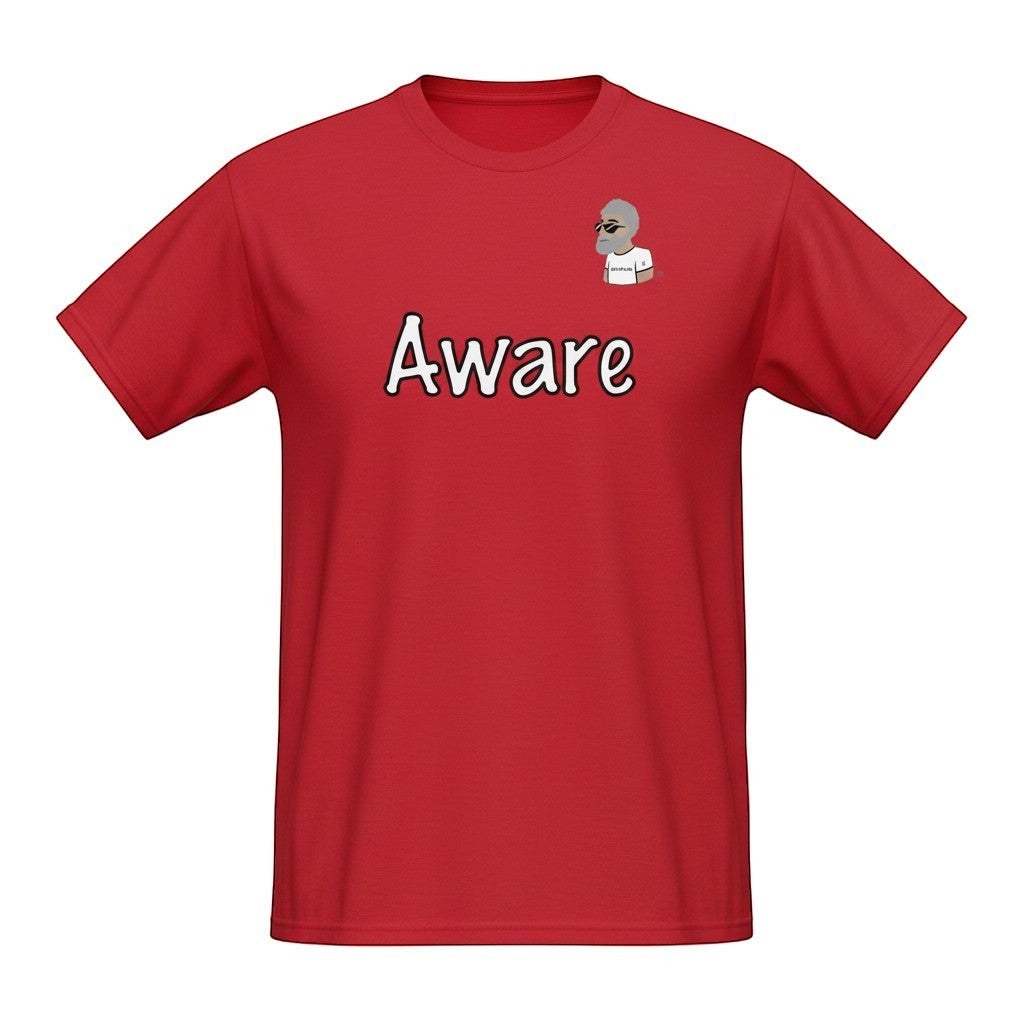 Big Daddy Allen Productions red cotton t-shirt with "Aware" graphic and BDA logo. Relaxed fit.