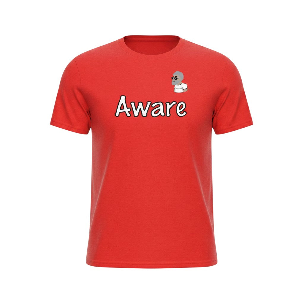 Big Daddy Allen Productions red cotton t-shirt with "Aware" graphic and BDA logo. Short sleeves, crew neck.