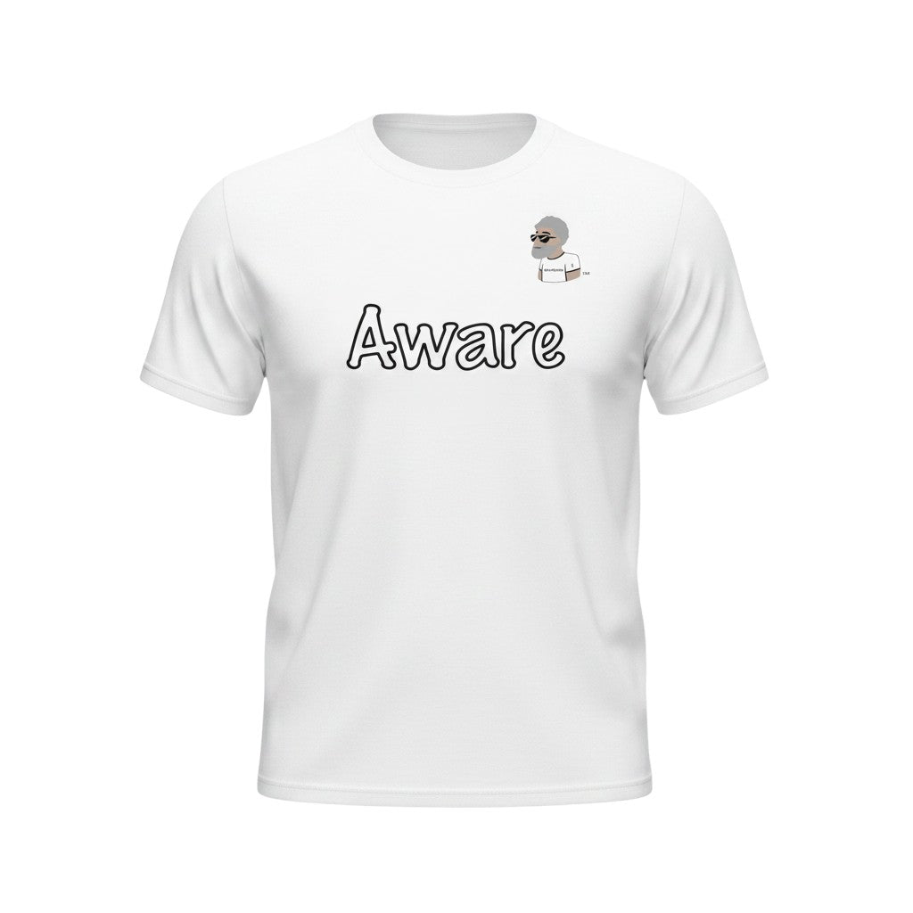 Big Daddy Allen Productions white cotton t-shirt with "Aware" graphic and BDA logo. Soft, breathable, perfect for kids.