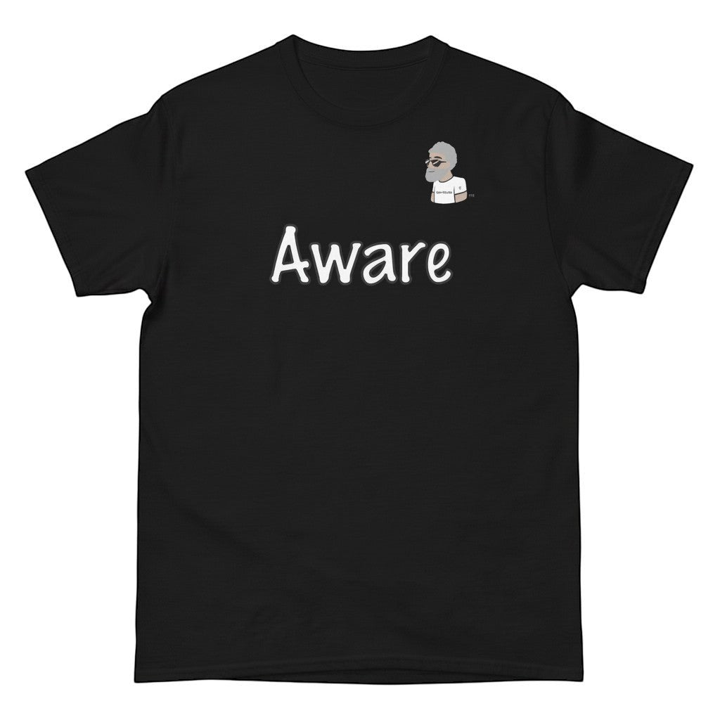 Black cotton t-shirt with white "Aware" graphic and BDA logo on chest. Big Daddy Allen Productions.