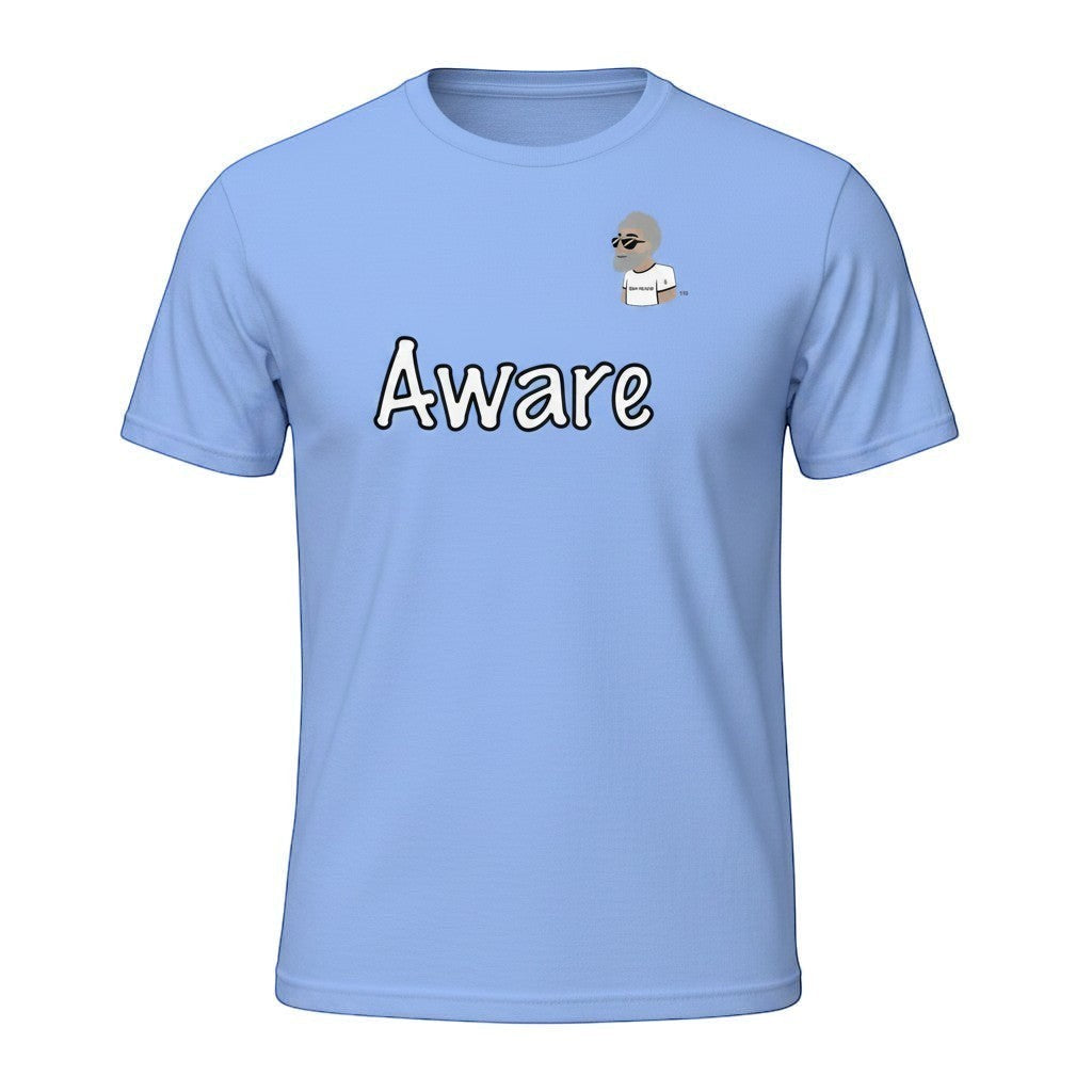 Big Daddy Allen Productions light blue cotton t-shirt with "Aware" graphic and BDA logo on chest. Relaxed fit.