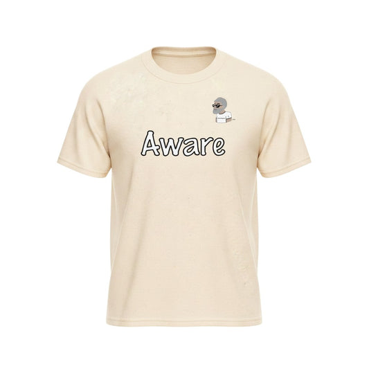 Big Daddy Allen Productions cream cotton t-shirt with "Aware" graphic and BDA logo. Short sleeves, crew neck.