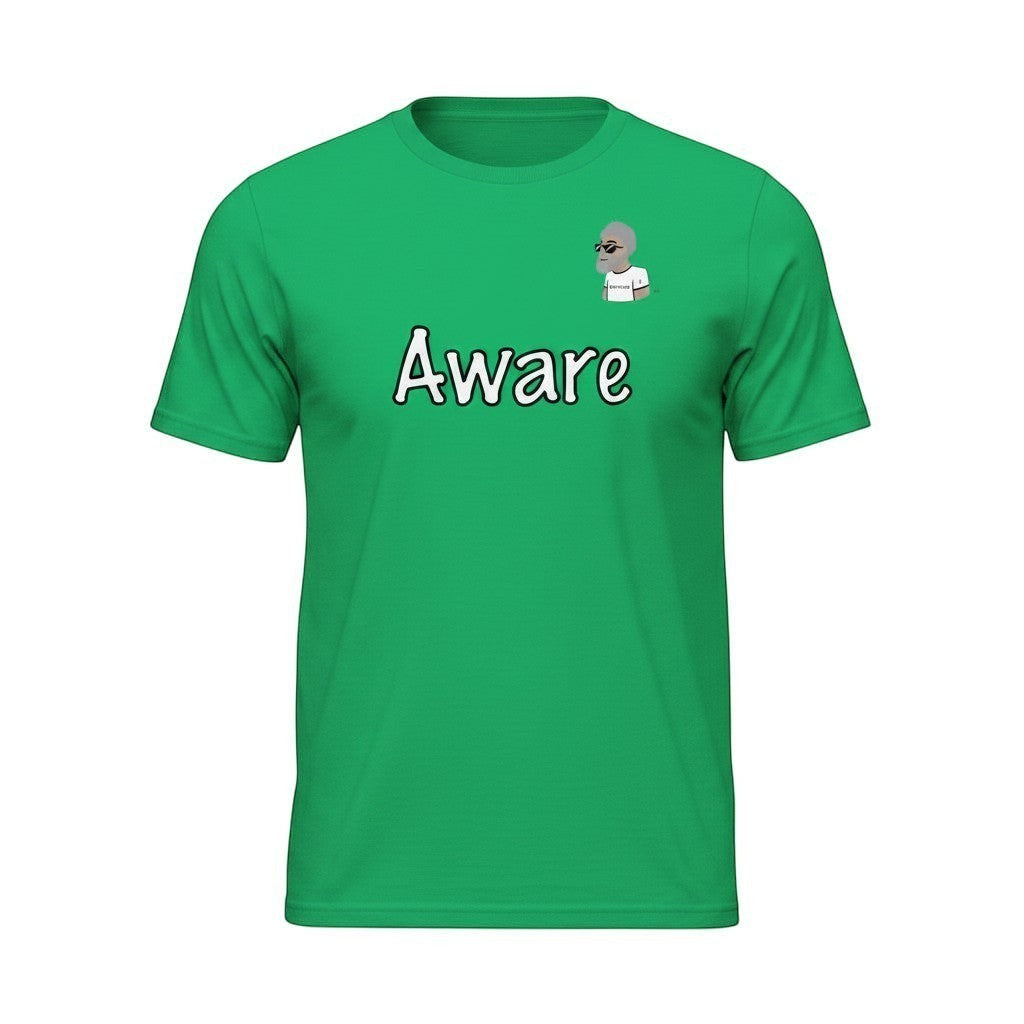 Big Daddy Allen Productions green cotton t-shirt with "Aware" graphic and cartoon logo on chest. Relaxed fit.