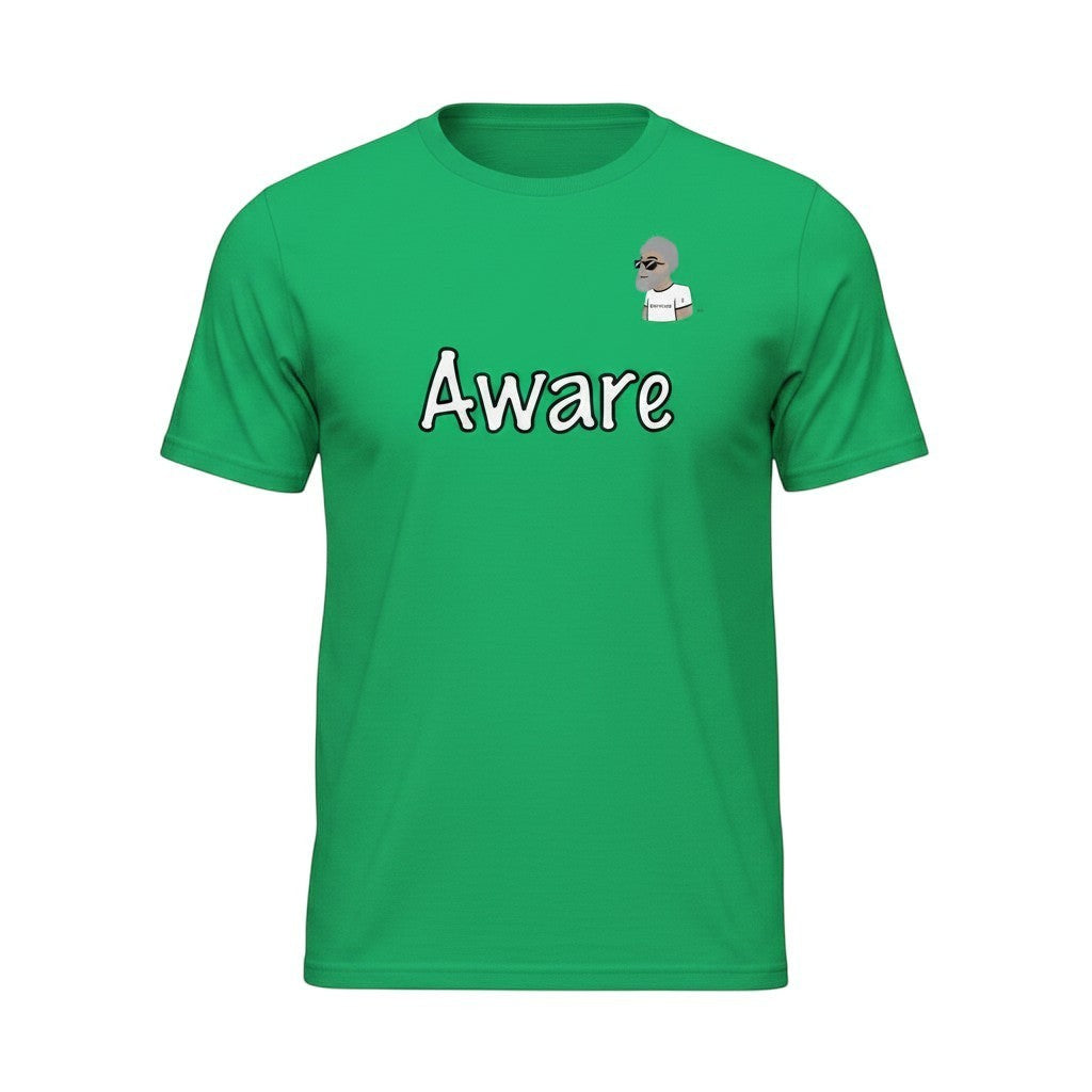 Big Daddy Allen Productions green cotton t-shirt with "Aware" graphic and cartoon logo on chest. Relaxed fit.