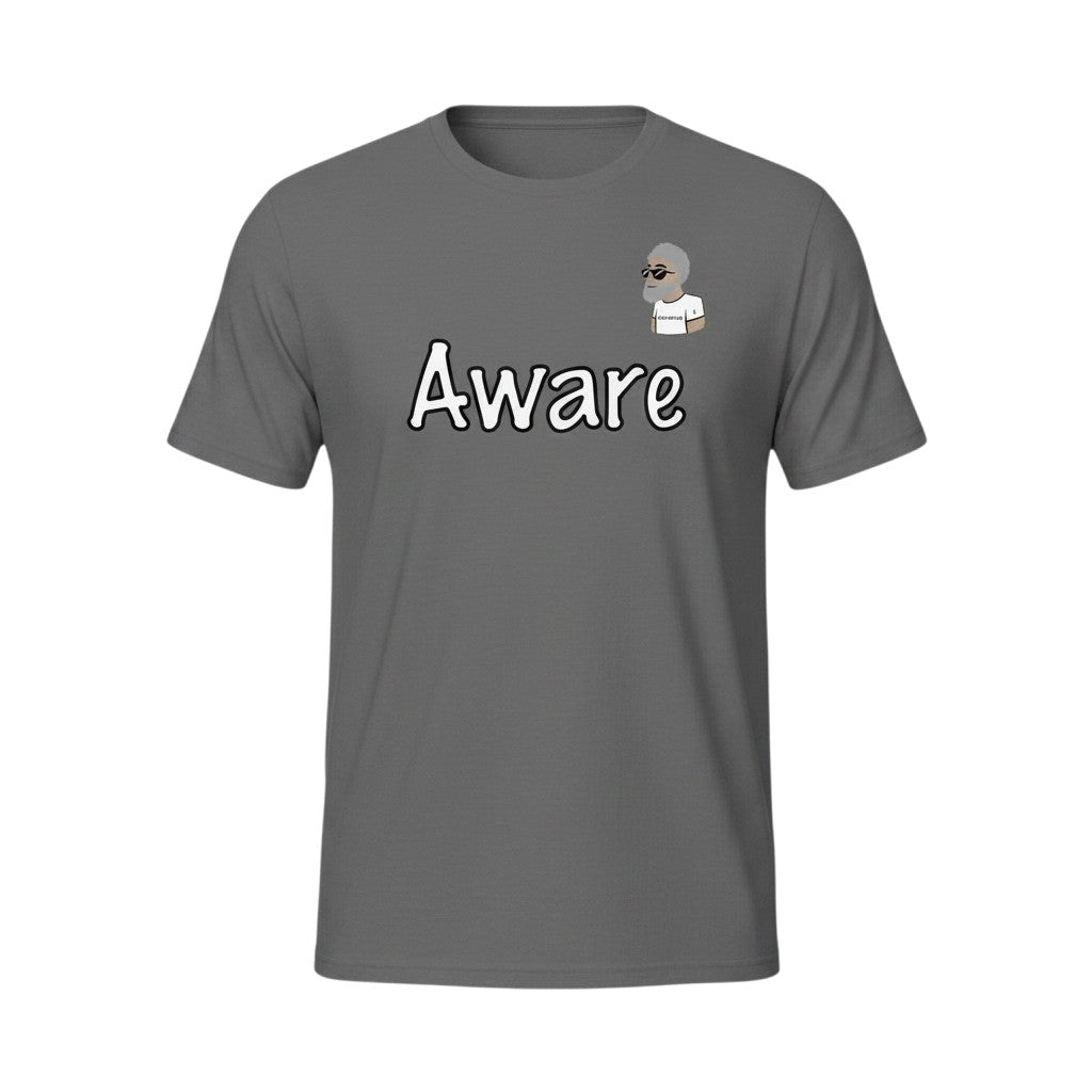 Big Daddy Allen Productions grey cotton t-shirt with "Aware" graphic and BDA logo. Relaxed fit.