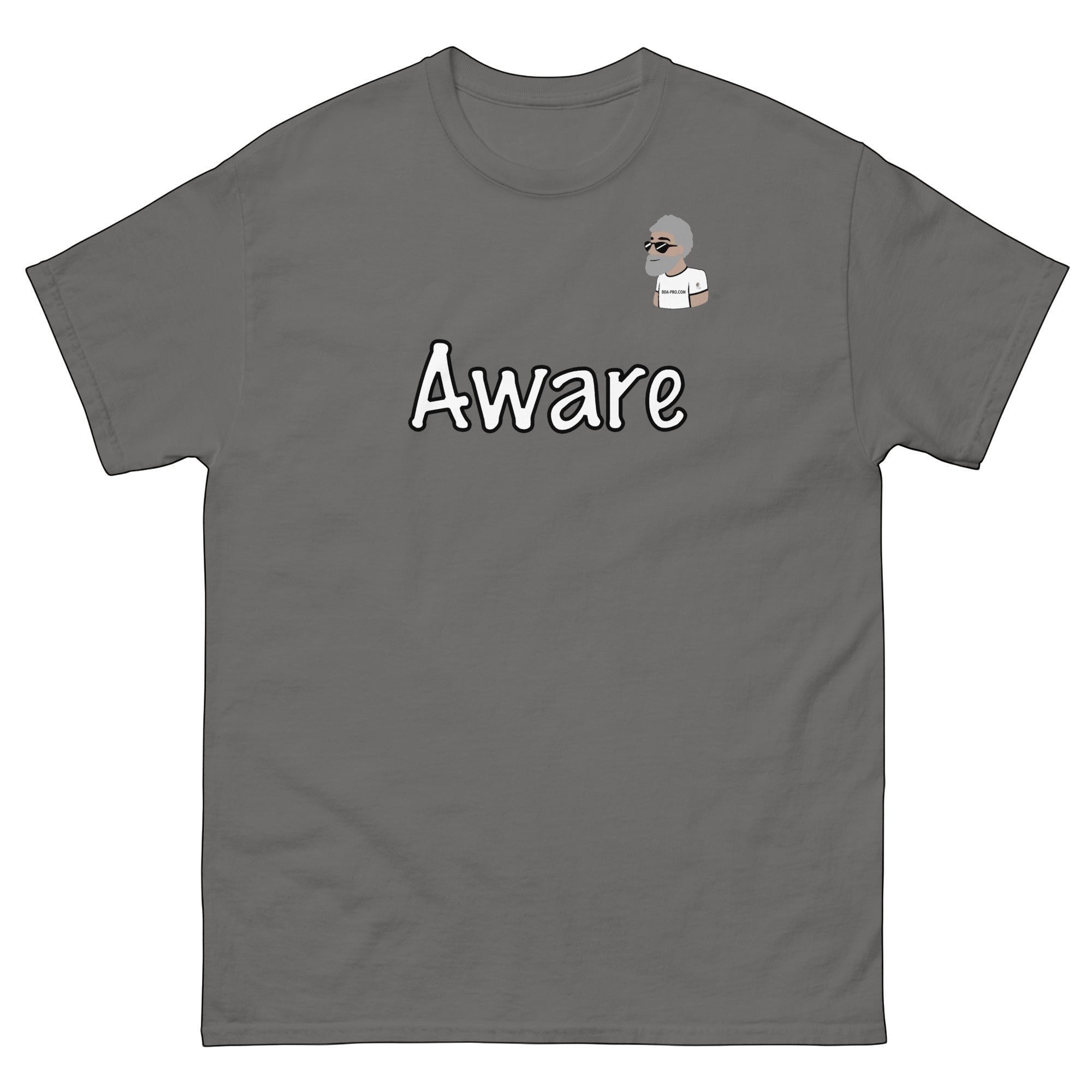 Big Daddy Allen Productions gray cotton t-shirt with "Aware" graphic and BDA logo on chest. Relaxed fit.
